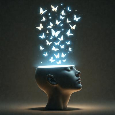 The primary subject of the image is a head with a light shining on it, creating a visual effect that resembles a butterfly. The setting is a dark background, and the visual style appears to be a digital art or illustration. The colors and mood of the image are predominantly dark, with the light from the butterfly creating a contrasting and eye-catching effect.